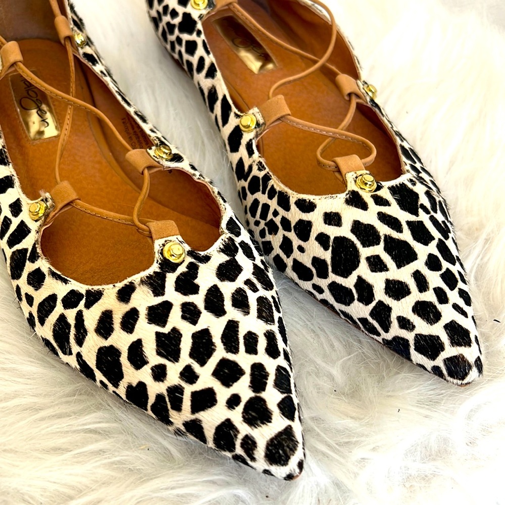 Halogen giraffe calf hair pointed toe gold studded flats